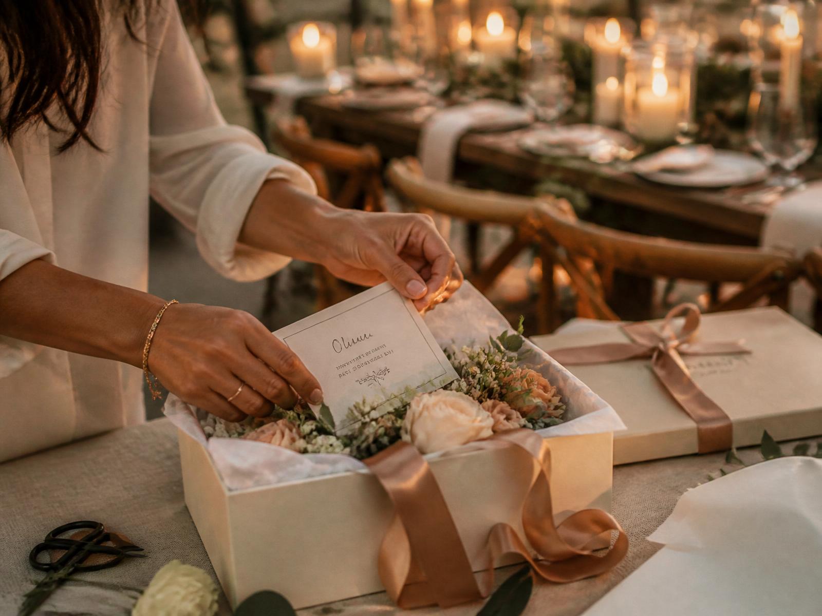 Manos preparando un detalle floral personalizado sobre una mesa de celebración iluminada con velas.